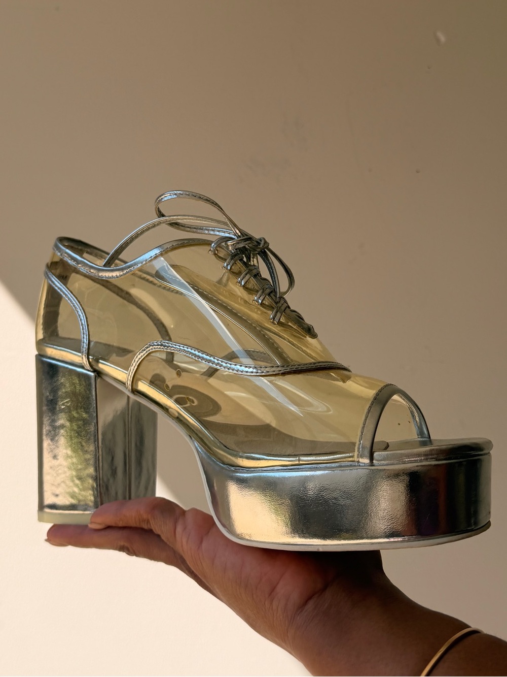 Jeffrey Campbell Silver Clear PVC Lace-Up Platform Sandals